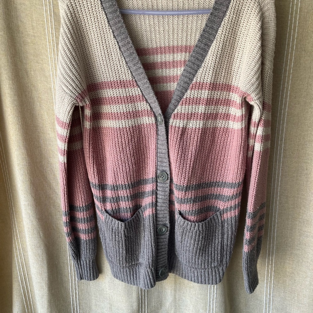 Abercrombie Kids Pink and Gray Striped Cardigan